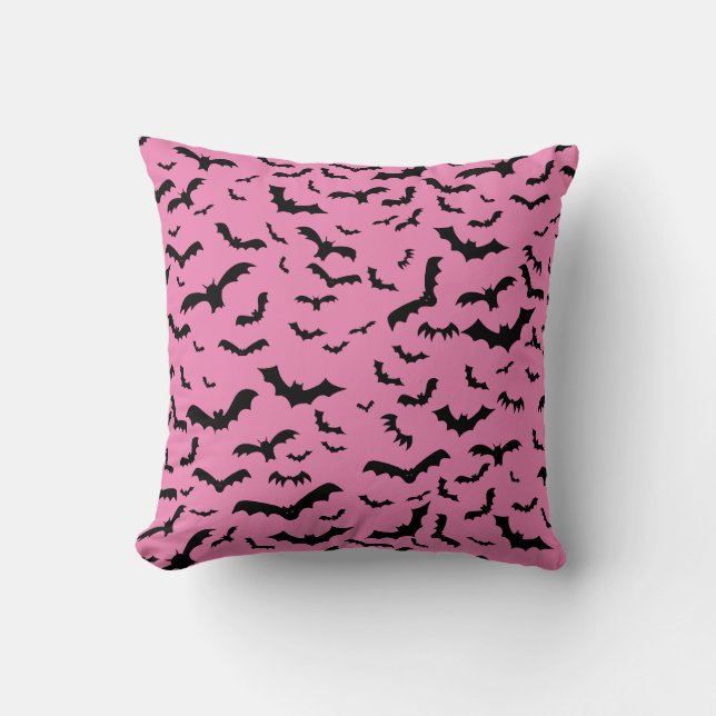 Flying Black Bats Pattern Pink Throw Pillow (Front)