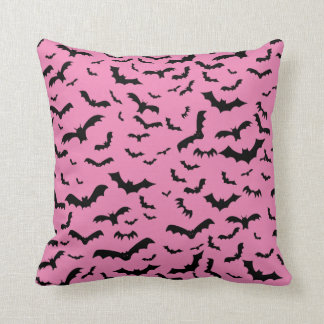 Flying Black Bats Pattern Pink Throw Pillow