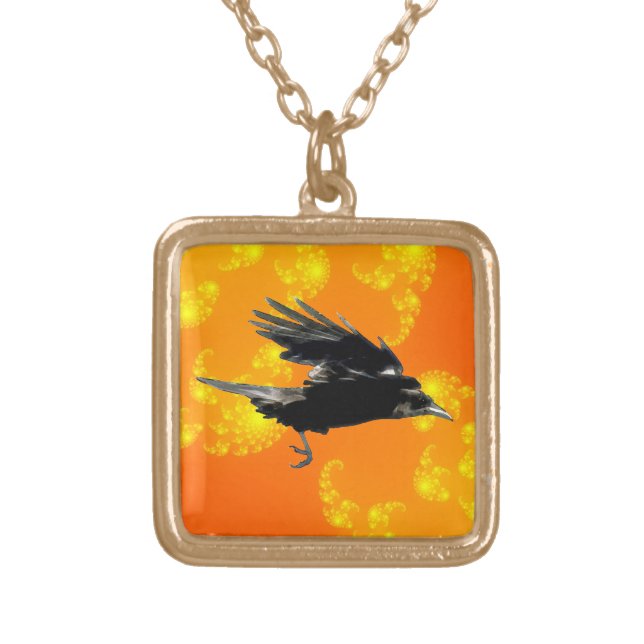 Flying Black Crow Art for Birdlovers Gold Plated Necklace (Front)