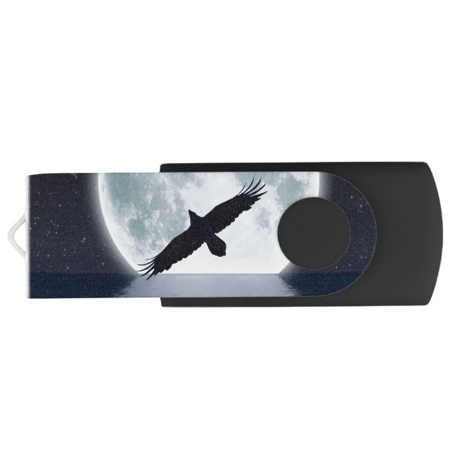Flying Black Raven and Full Moon Wildlife Design USB Flash Drive (Back)