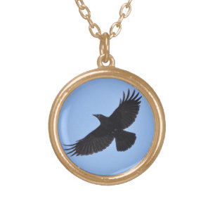 Flying Black Raven Corvid Crow-lover Photo Design Gold Plated Necklace