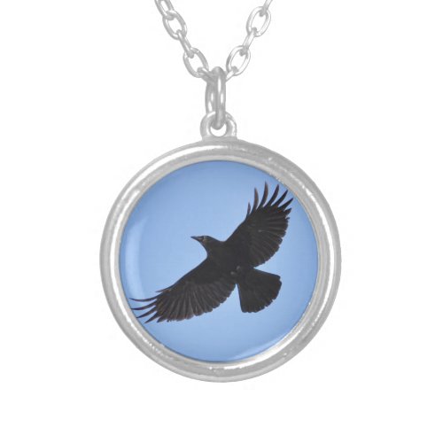 Flying Black Raven Corvid Crow_lover Photo Design Silver Plated Necklace