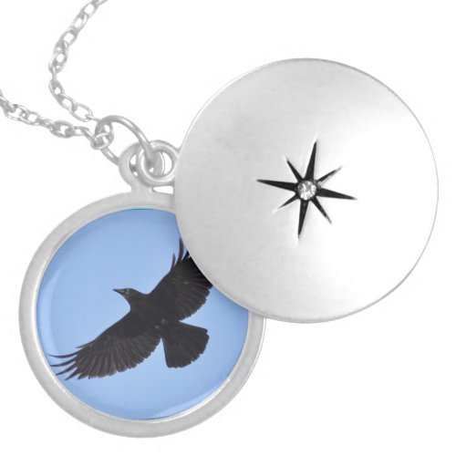 Flying Black Raven Corvid Crow_lover Photo Design Silver Plated Necklace