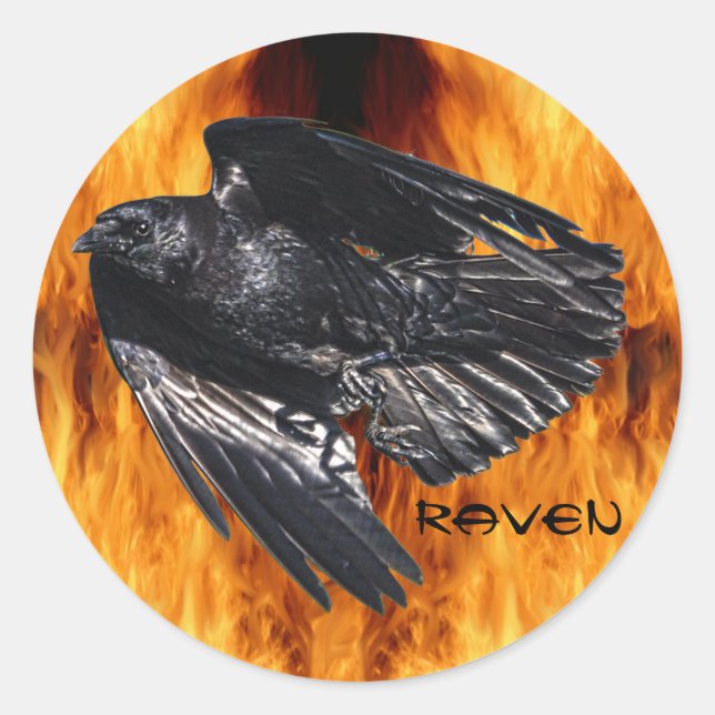 Flying Black Raven & Flames Photo Design 7 Classic Round Sticker (Front)
