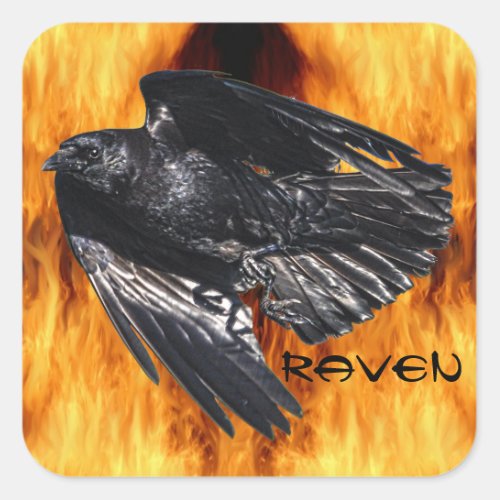 Flying Black Raven  Flames Photo Design 7 Square Sticker