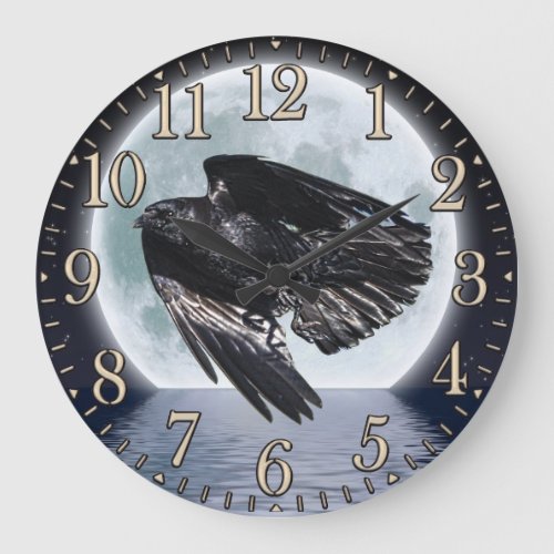 Flying Black Raven  Full Moon Large Clock