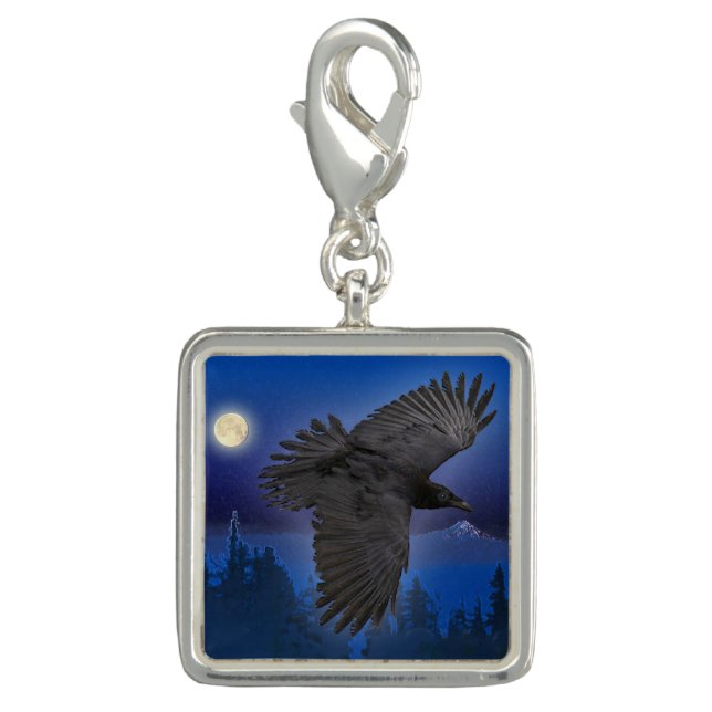 Flying Black Raven & Moon Jewellery Design 3 Charm (Front)