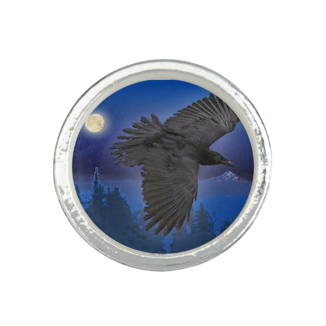 Flying Black Raven & Moon Jewellery Design 3 Ring (Front)