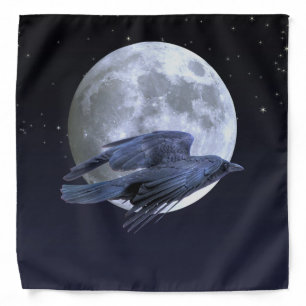 Flying Black Raven, Moon & Stars Goth Design Bandana