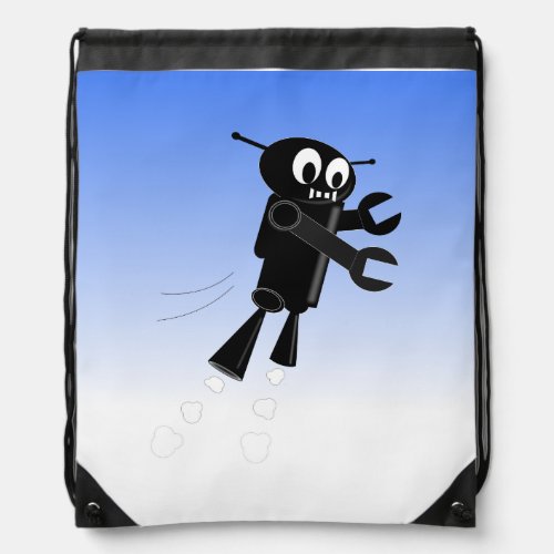 Flying Black Robot Drawstring Bag