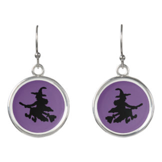 Flying Black Witch on Purple Earrings