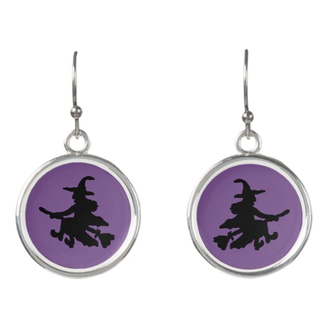 Flying Black Witch on Purple Earrings (Front)