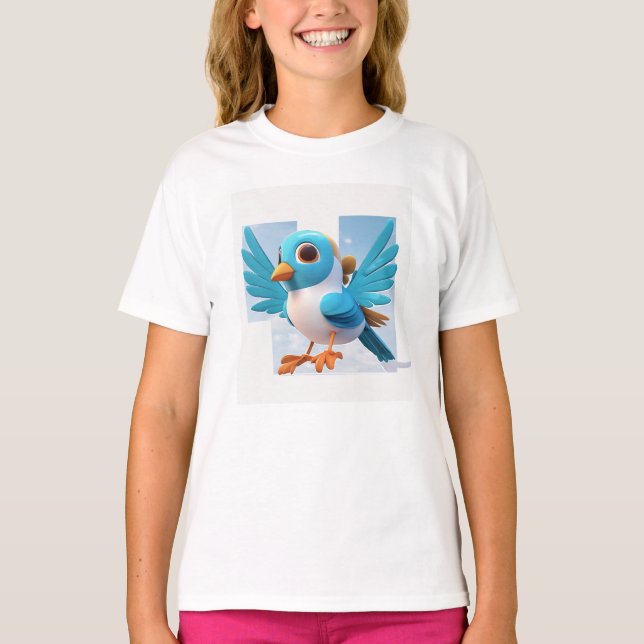 Flying Blue Bird Cartoon T-Shirt – Whimsical (Front)