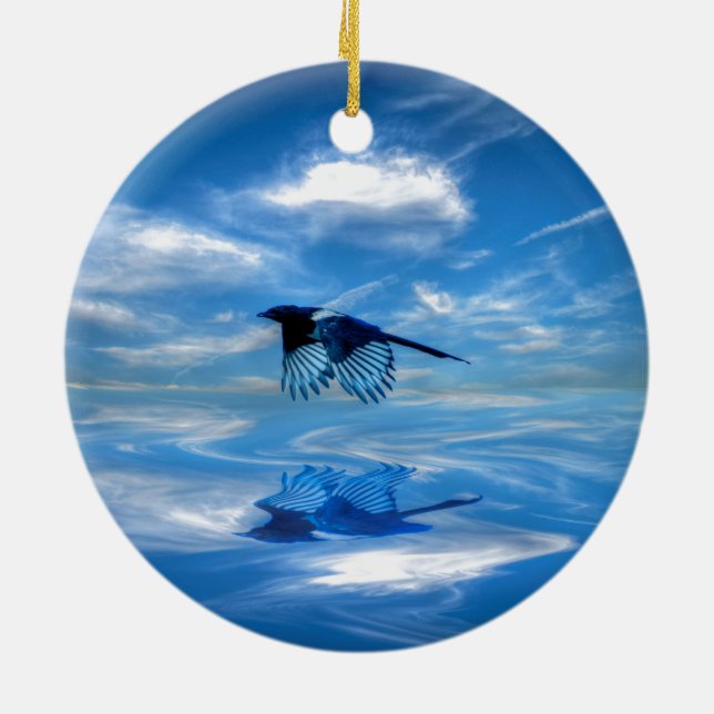 Flying Blue Magpie & Reflected Sky Ceramic Ornament (Back)