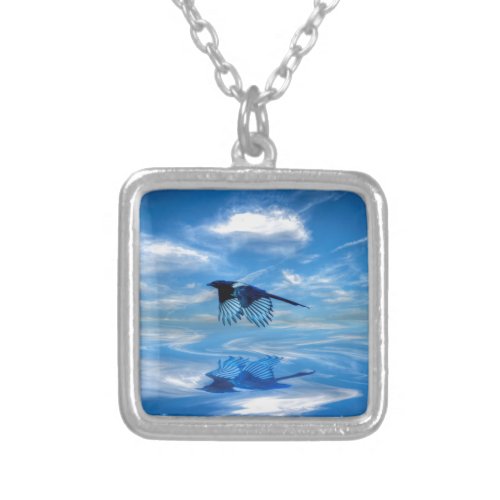 Flying Blue Magpie  Reflected Sky Silver Plated Necklace
