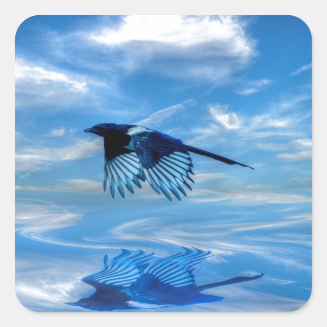 Flying Blue Magpie & Reflected Sky Square Sticker (Front)