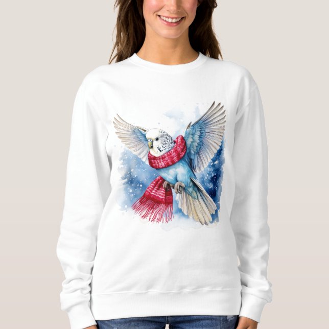 Flying Blue Parakeet in Winter Scarf Sweatshirt (Front)