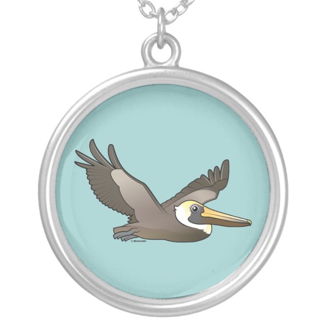 Flying Brown Pelican Silver Plated Necklace (Front)