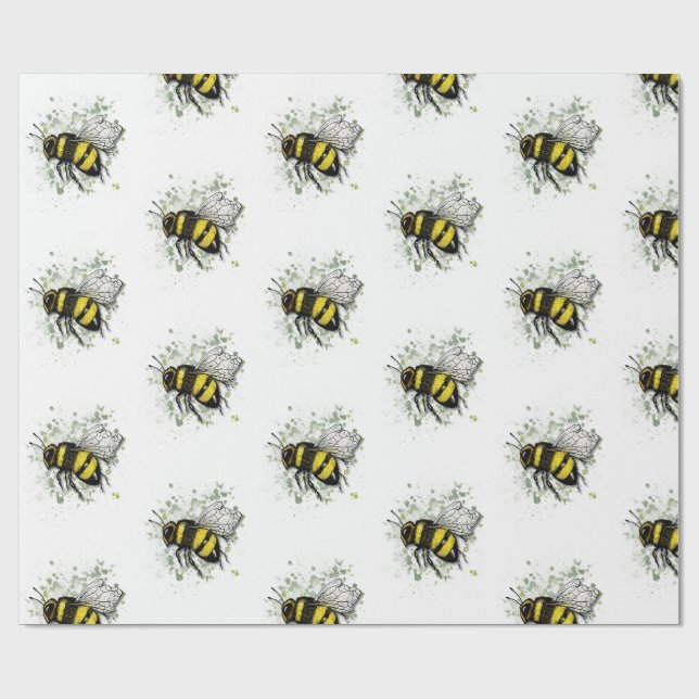 Flying Bumble BEE, Freehand Digital Drawing Insect Wrapping Paper (Flat)