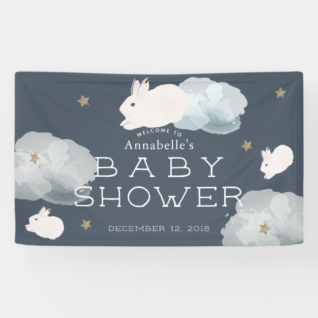 Flying Bunny Stars Clouds Baby Shower Banner (Horizontal)
