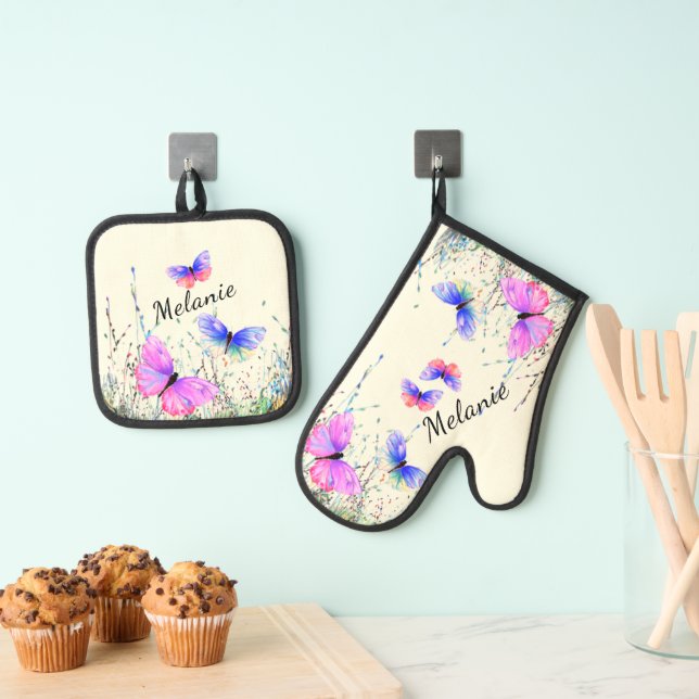 Flying Butterflies Custom Name Personalized Oven Mitt & Pot Holder Set (Insitu(Hanging))