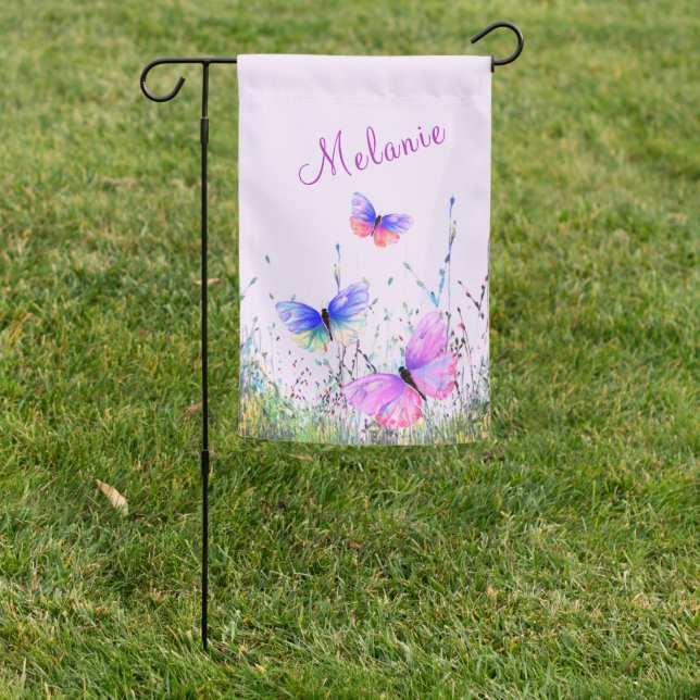 Flying Butterflies Garden Flag Custom Name Text (In SItu)