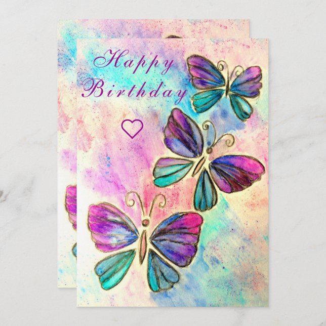 Flying Butterflies Happy Birthday Card Watercolor (Front/Back)