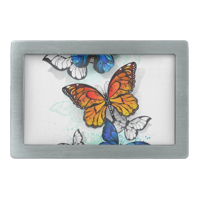 Flying Butterflies Morpho and Monarch Belt Buckle (Front)