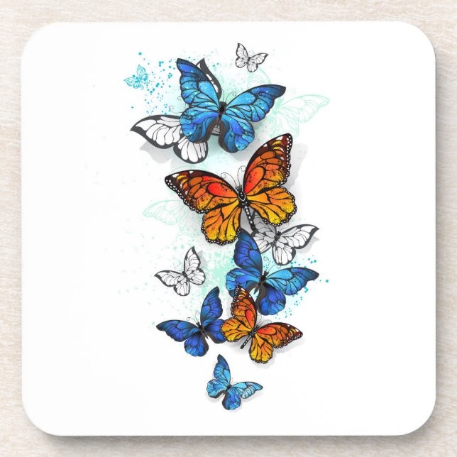 Flying Butterflies Morpho and Monarch Beverage Coaster (Front)