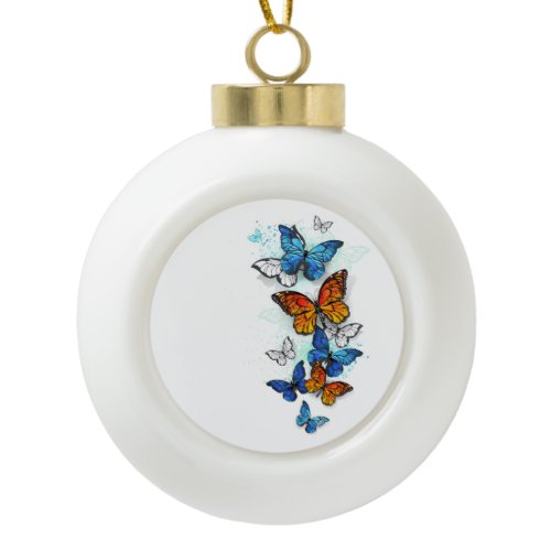 Flying Butterflies Morpho and Monarch Ceramic Ball Christmas Ornament