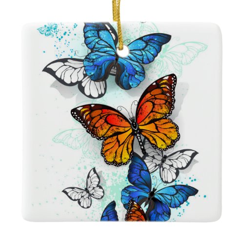 Flying Butterflies Morpho and Monarch Ceramic Ornament
