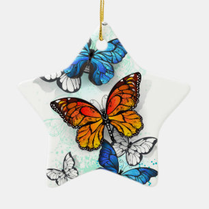 Flying Butterflies Morpho and Monarch Ceramic Ornament