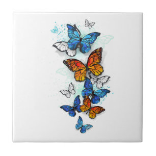 Flying Butterflies Morpho and Monarch Ceramic Tile