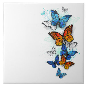 Flying Butterflies Morpho and Monarch Ceramic Tile