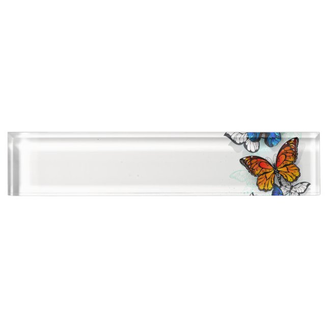 Flying Butterflies Morpho and Monarch Desk Name Plate (Front)