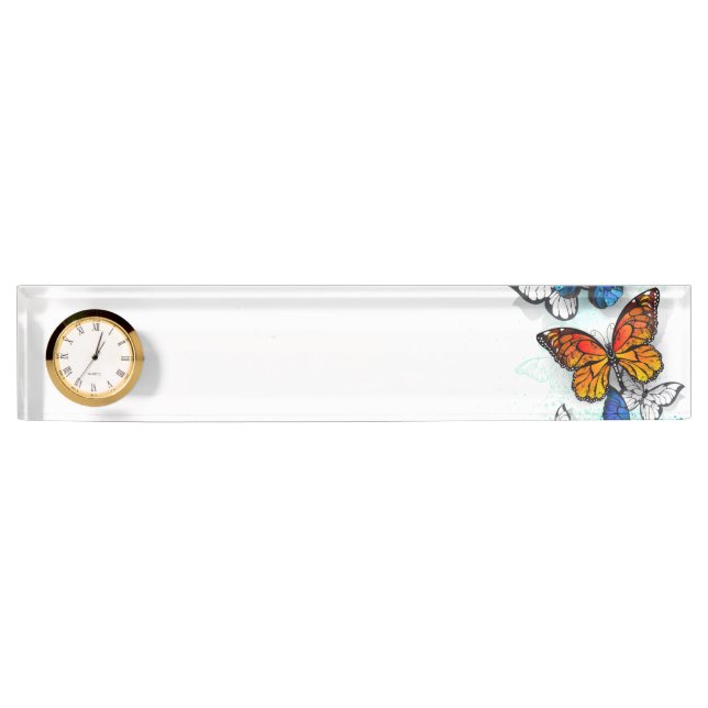 Flying Butterflies Morpho and Monarch Desk Name Plate (Front)