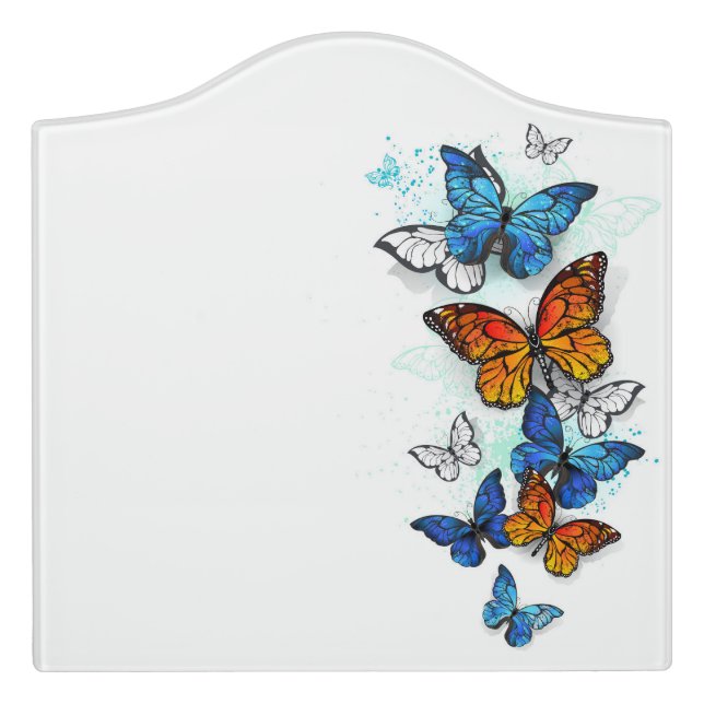 Flying Butterflies Morpho and Monarch Door Sign (Large Crest Front)