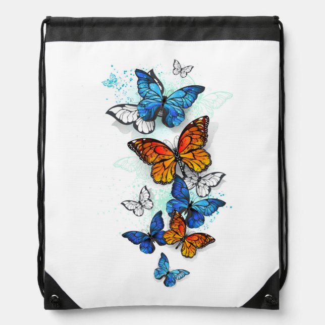 Flying Butterflies Morpho and Monarch Drawstring Bag (Front)