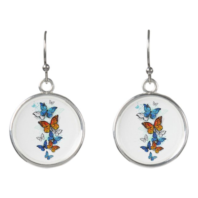 Flying Butterflies Morpho and Monarch Earrings (Front)