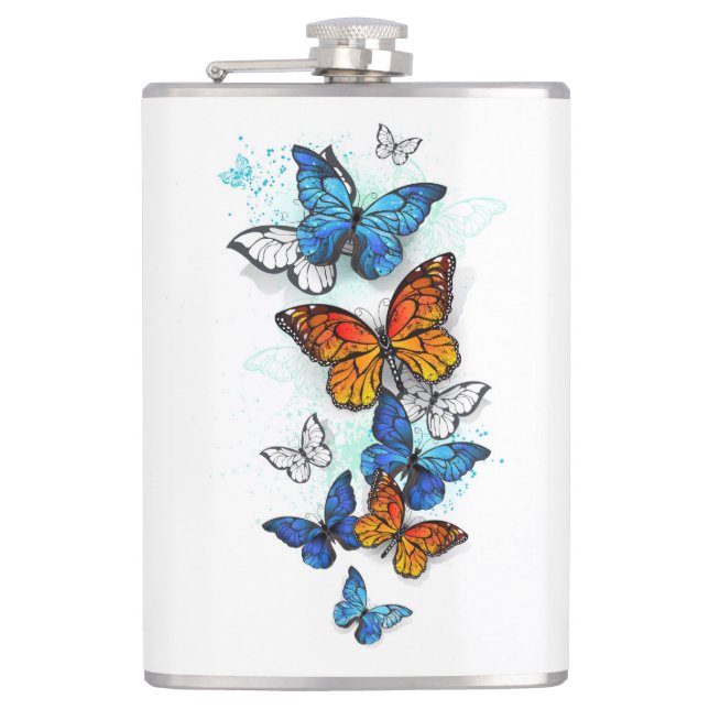 Flying Butterflies Morpho and Monarch Flask (Front)
