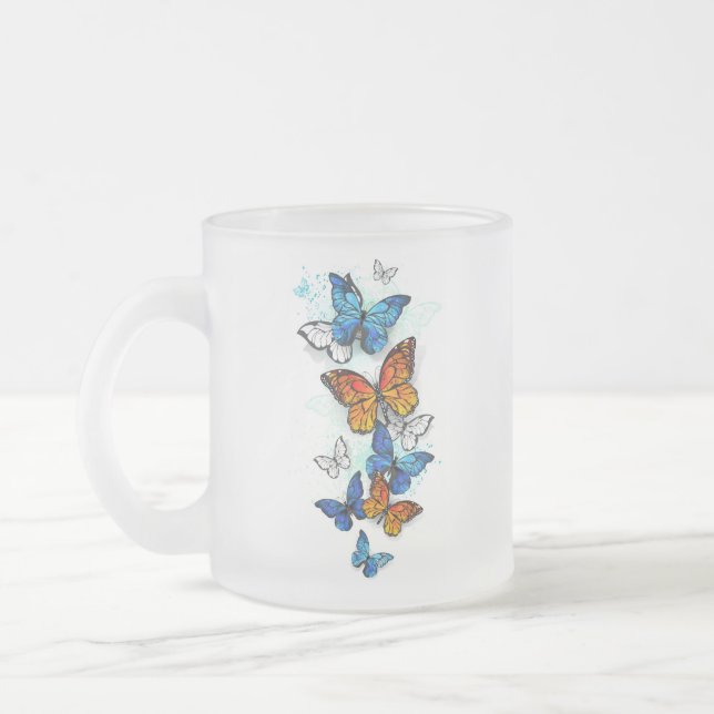Flying Butterflies Morpho and Monarch Frosted Glass Coffee Mug (Left)