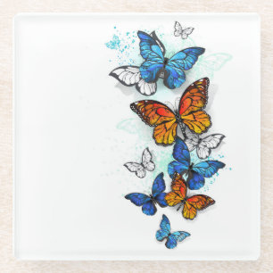 Flying Butterflies Morpho and Monarch Glass Coaster