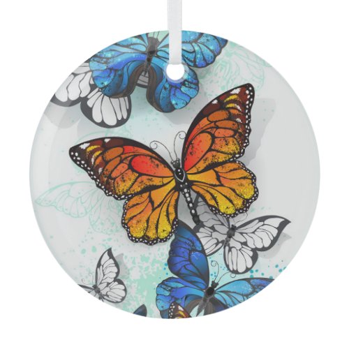 Flying Butterflies Morpho and Monarch Glass Ornament