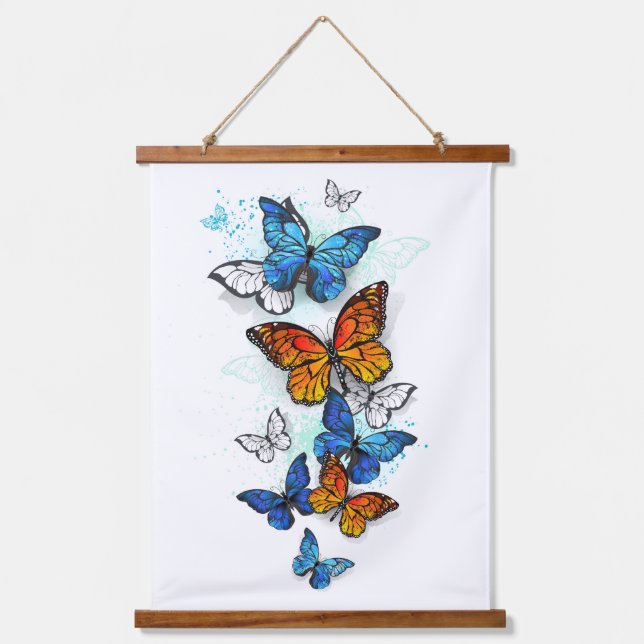 Flying Butterflies Morpho and Monarch Hanging Tapestry (Front)