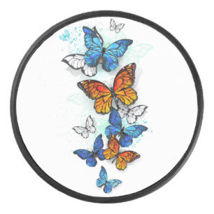 Flying Butterflies Morpho and Monarch Hockey Puck