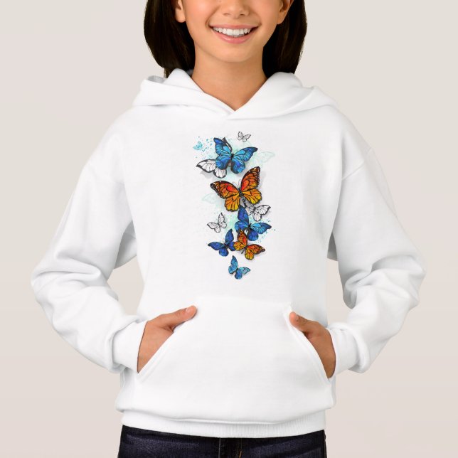 Flying Butterflies Morpho and Monarch Hoodie (Front)