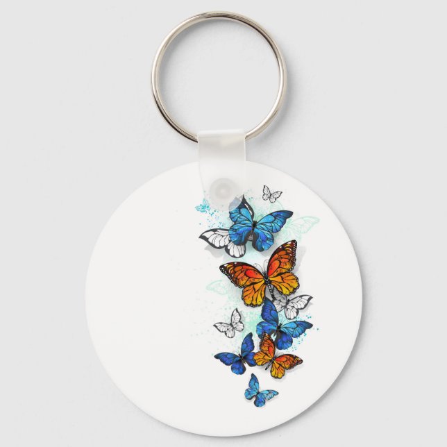 Flying Butterflies Morpho and Monarch Keychain (Front)