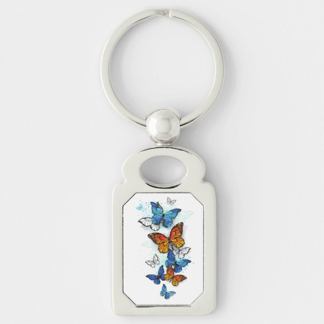 Flying Butterflies Morpho and Monarch Keychain (Front)