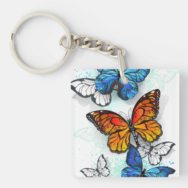 Flying Butterflies Morpho and Monarch Keychain (Front)