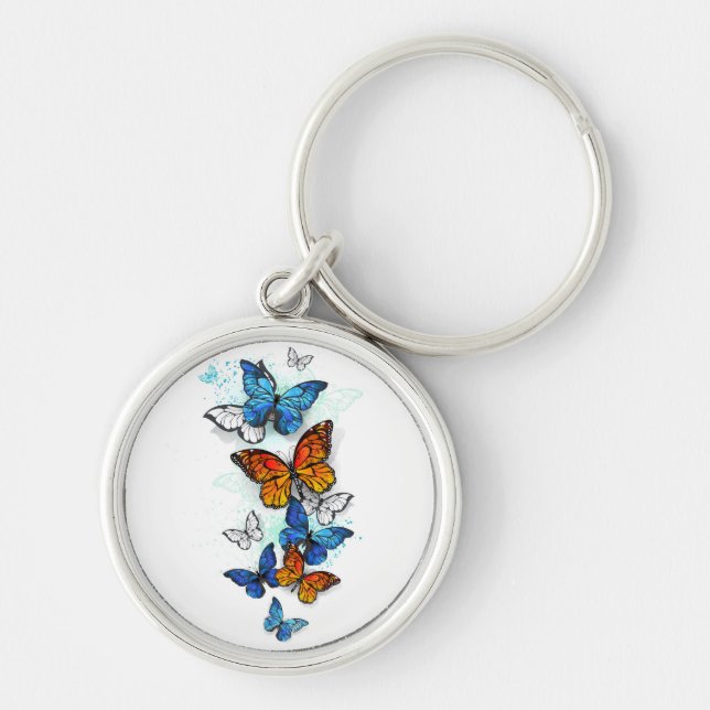 Flying Butterflies Morpho and Monarch Keychain (Front)